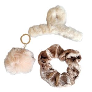 ✨BUNDLE 3/$20✨ Fuzzy Hair Claw Clip, Velvet Scrunchie, Soft Pom Keychain Tan Set